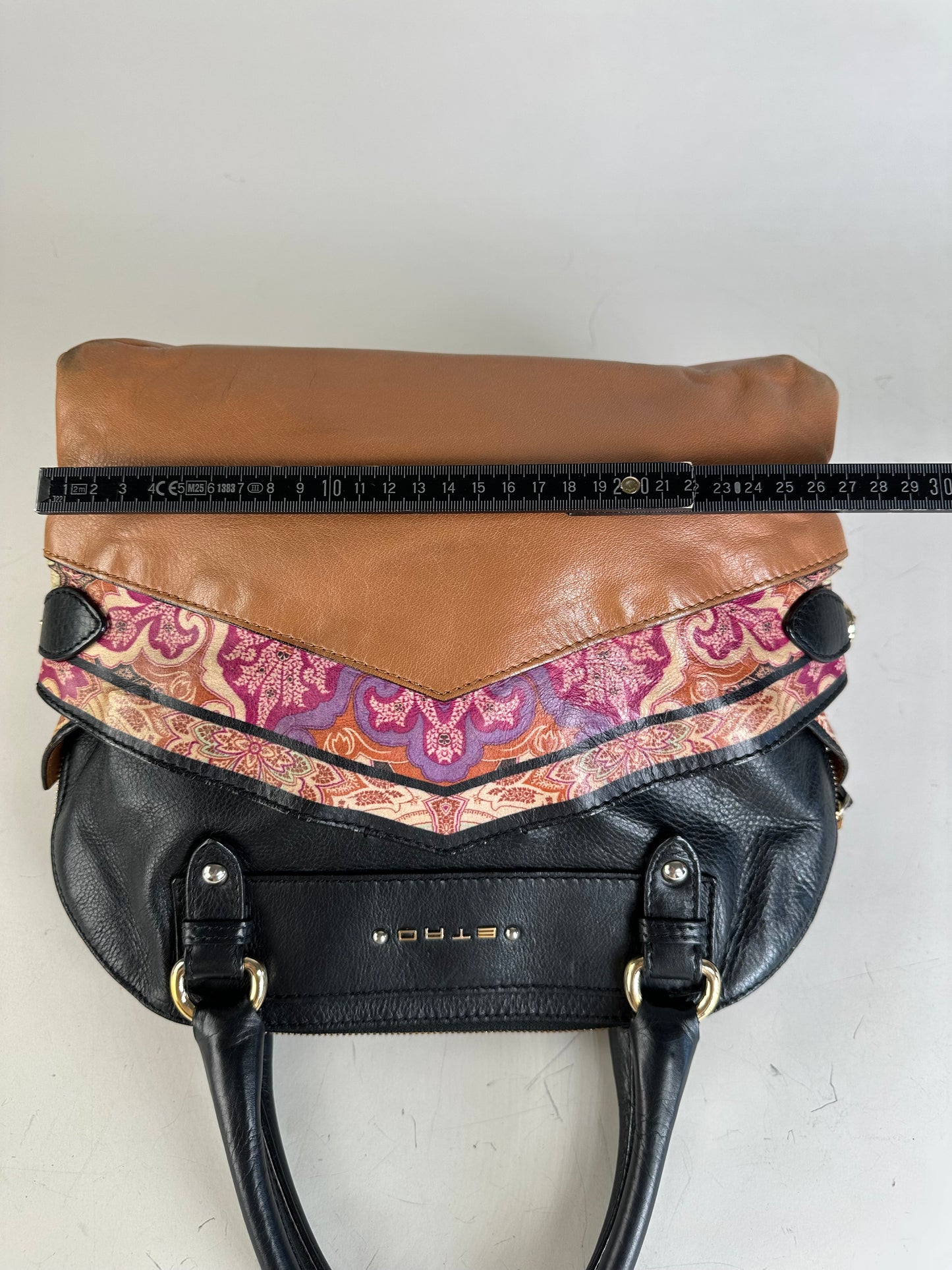 Vintage Etro Leather and Fabric Handbag Black Pink Tan