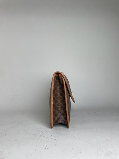 Vintage Celine Coated Canvas Clutch Brown Tan Gold