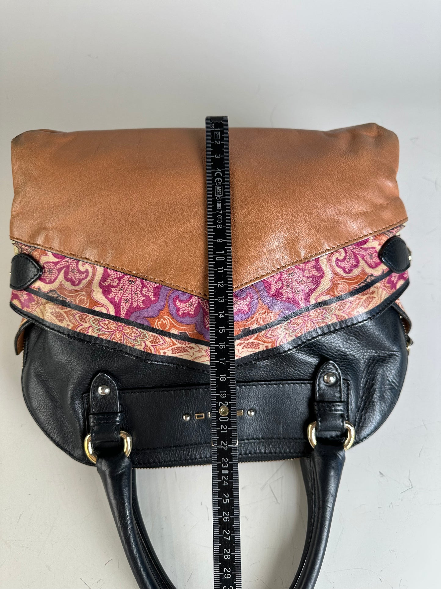 Vintage Etro Leather and Fabric Handbag Black Pink Tan