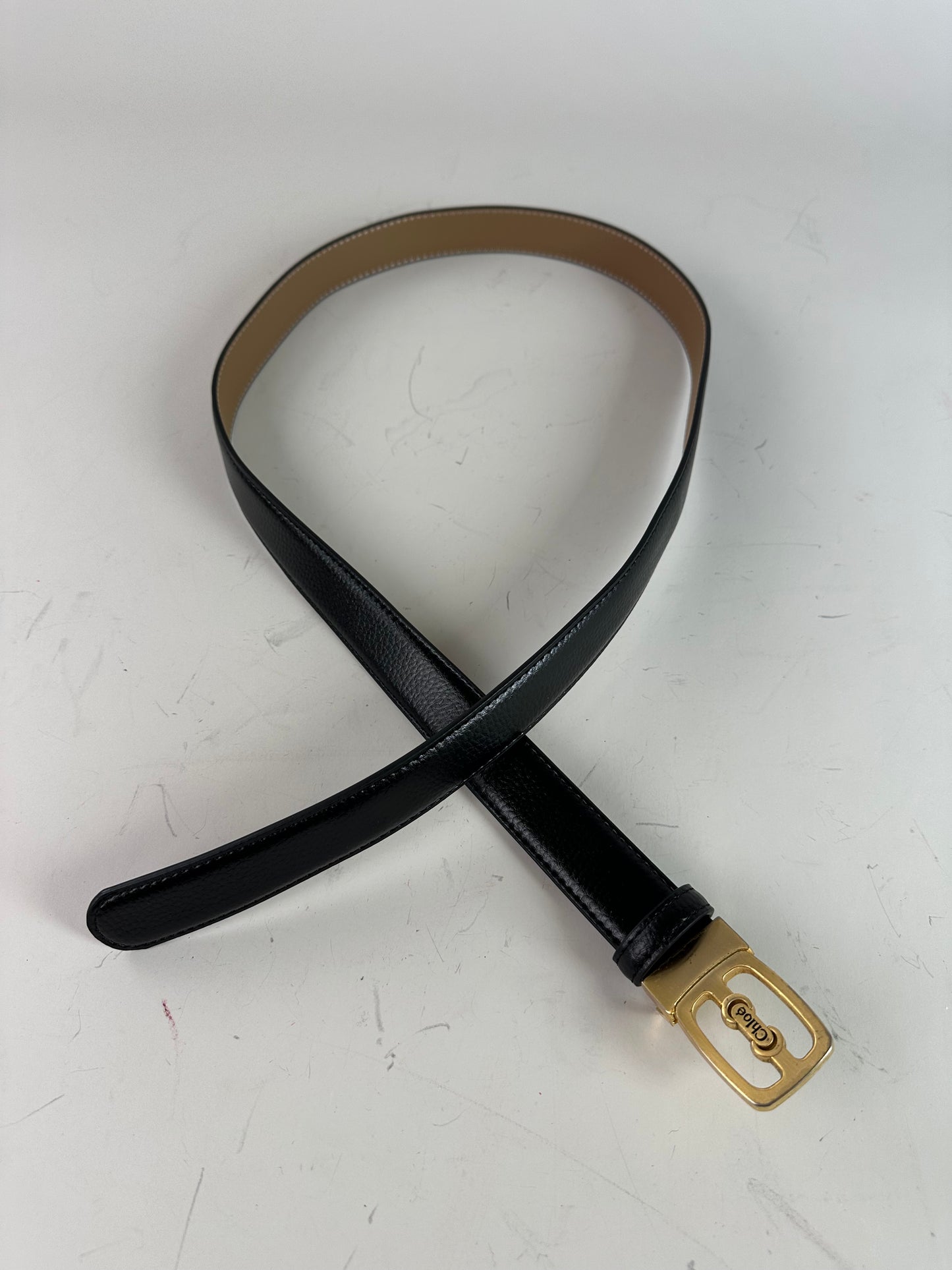 Vintage Chloe Leather Belt Black Beige Gold Buckle
