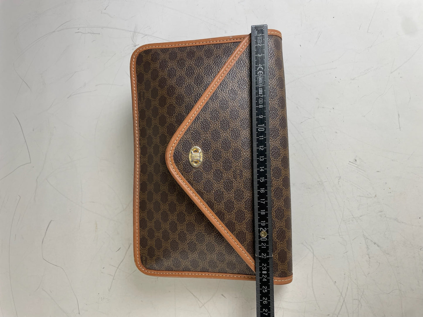 Vintage Celine Coated Canvas Clutch Brown Tan Gold