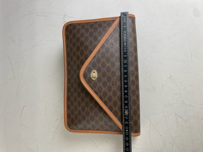 Vintage Celine Coated Canvas Clutch Brown Tan Gold