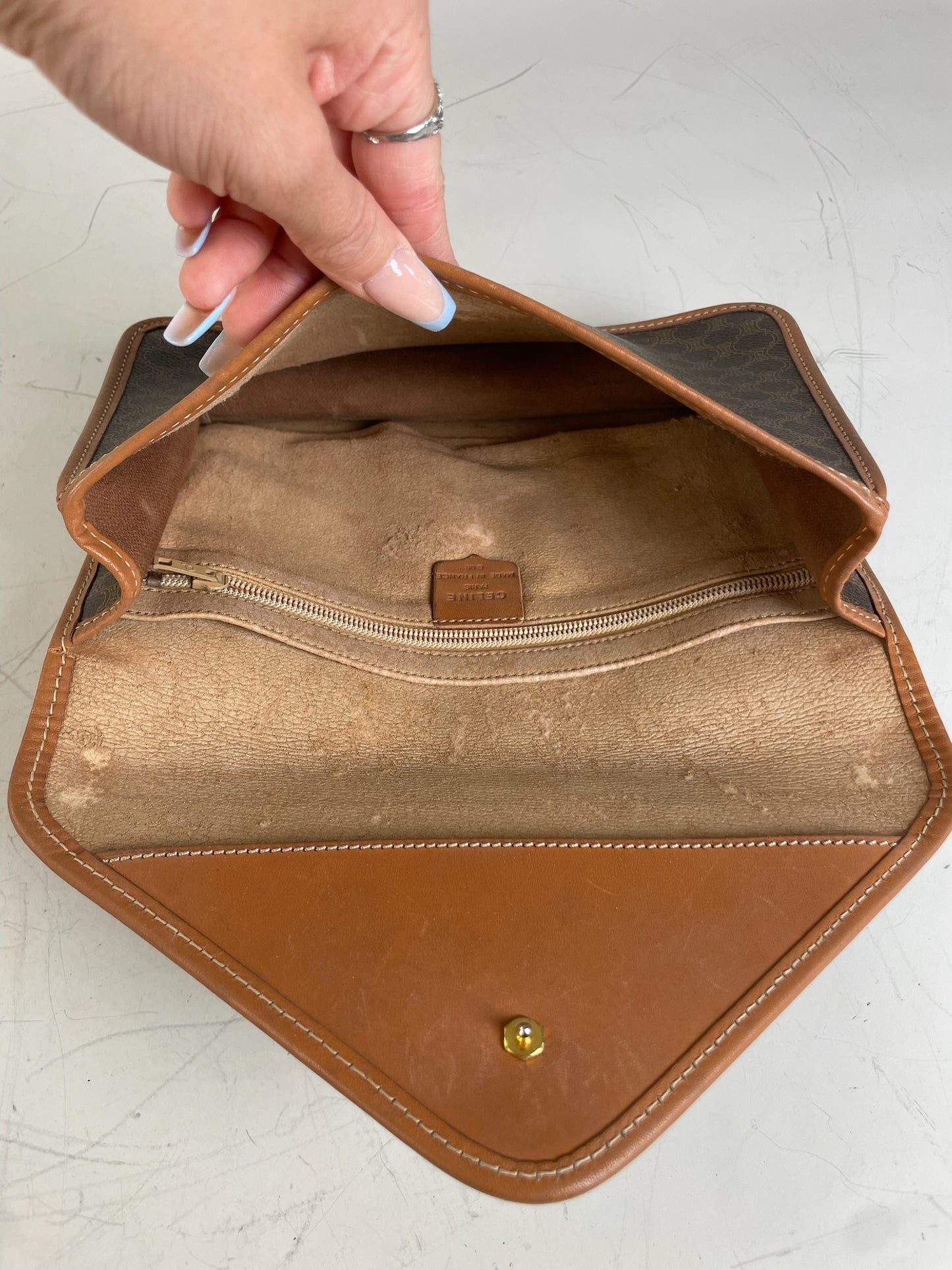 Vintage Celine Coated Canvas Clutch Brown Tan Gold