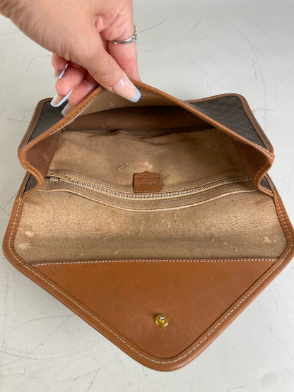 Vintage Celine Coated Canvas Clutch Brown Tan Gold