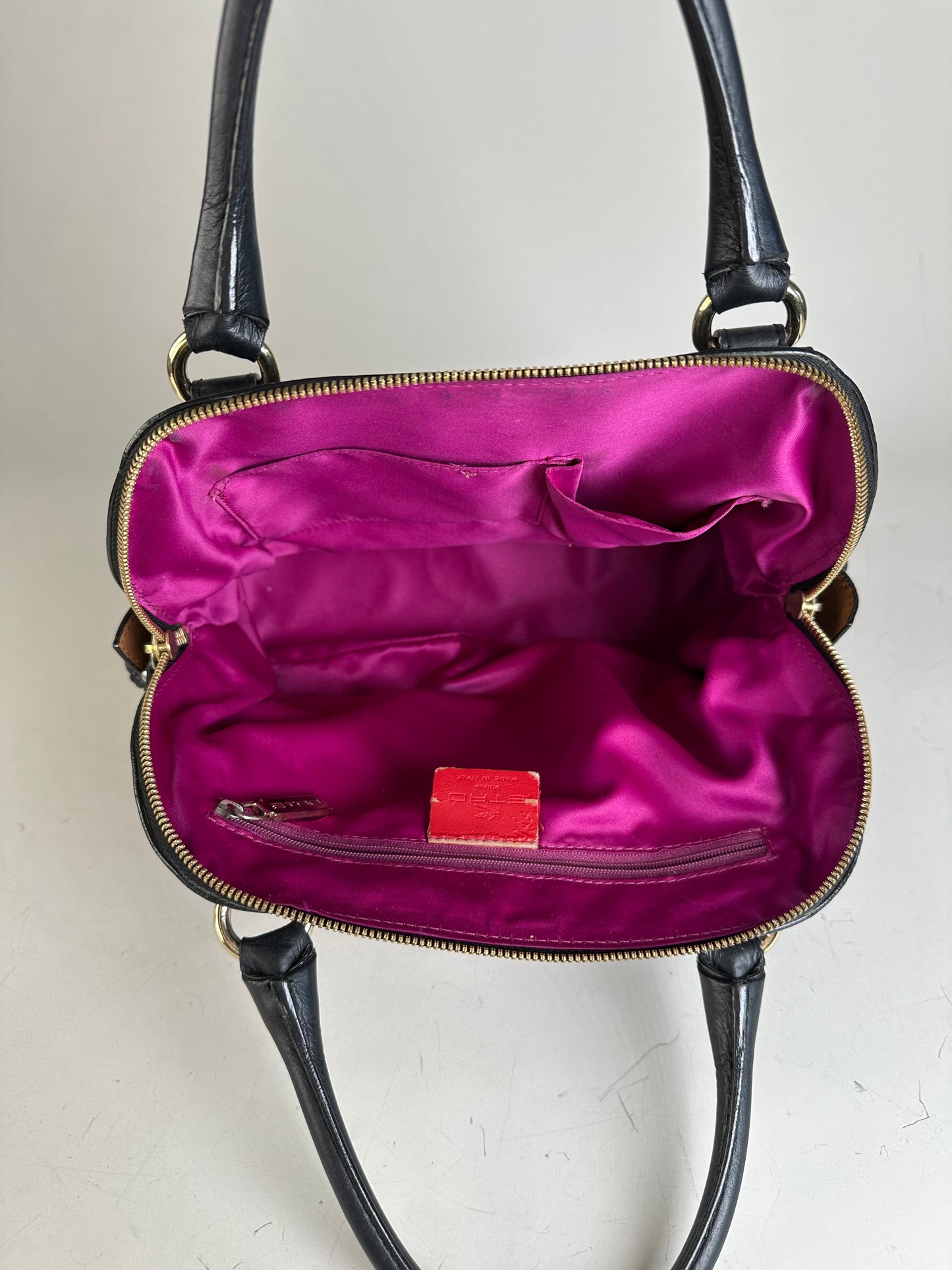 Vintage Etro Leather and Fabric Handbag Black Pink Tan