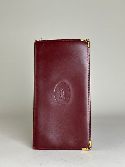 Vintage Cartier Leather Long Wallet Burgundy Gold
