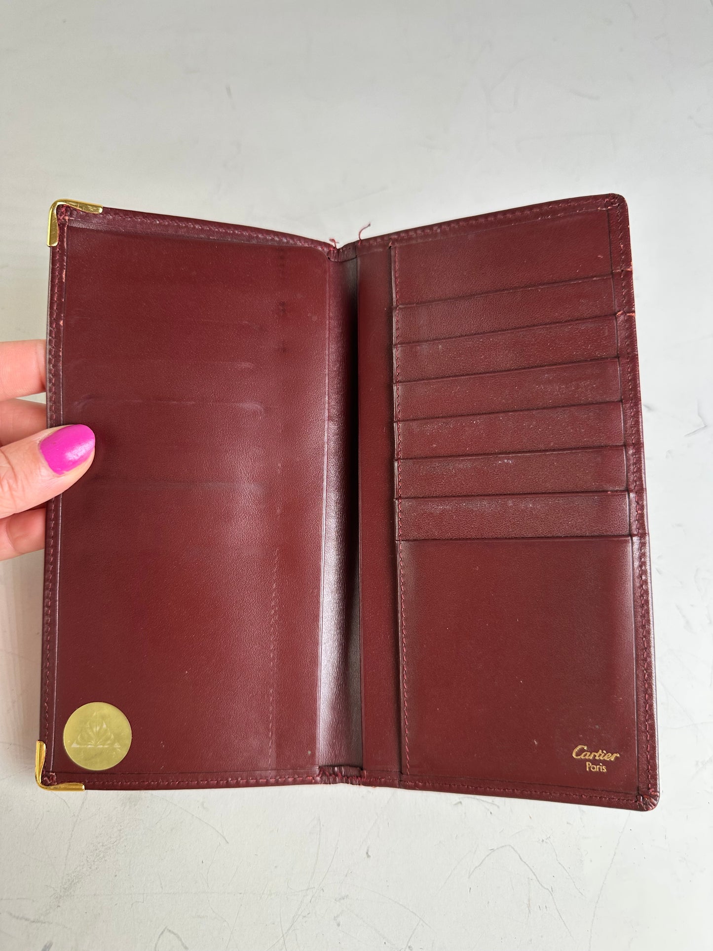 Vintage Cartier Leather Long Wallet Burgundy Gold