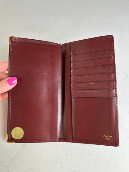Vintage Cartier Leather Long Wallet Burgundy Gold