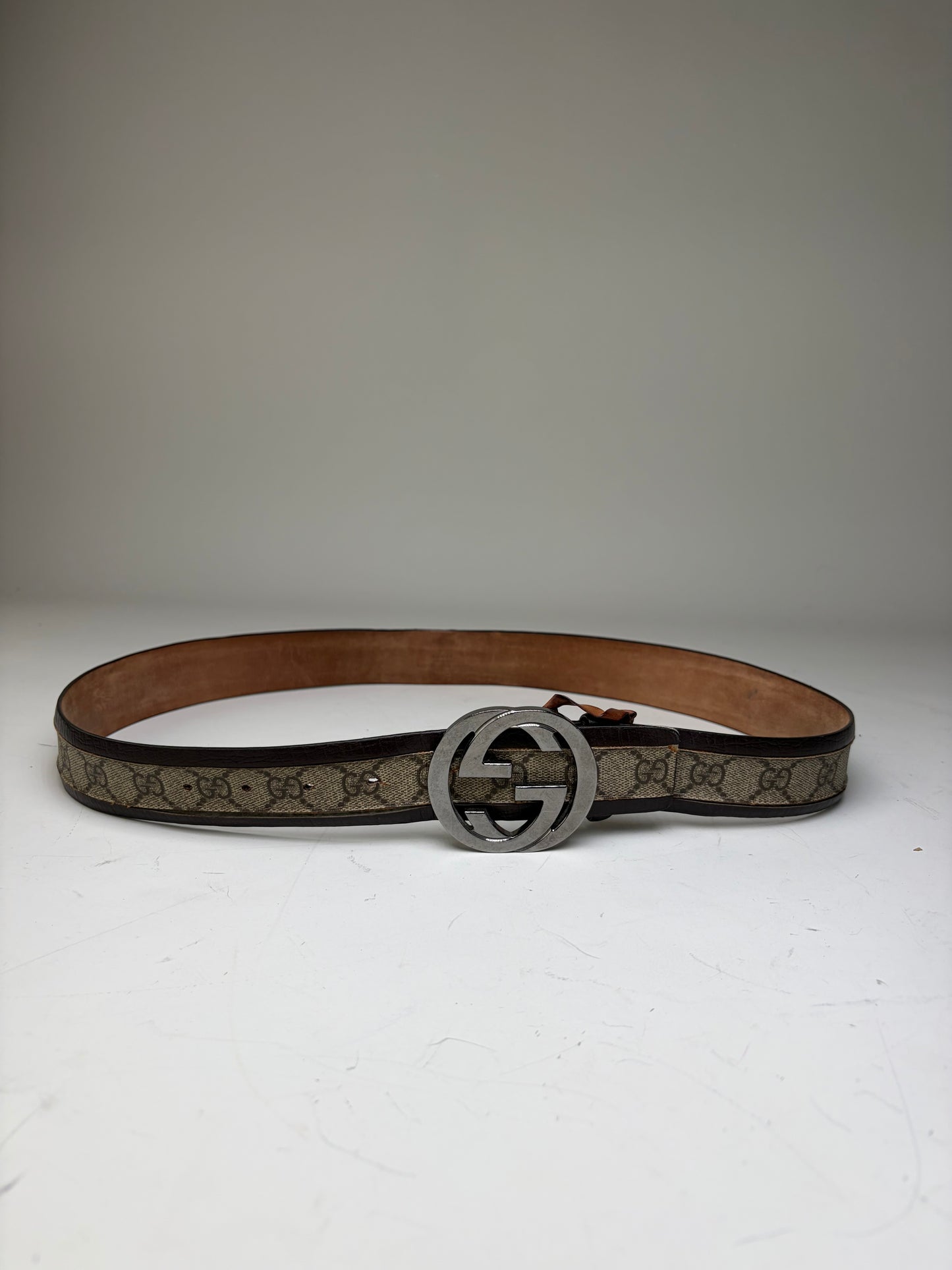 Vintage Gucci GG Supreme Canvas Belt Beige Brown Silver
