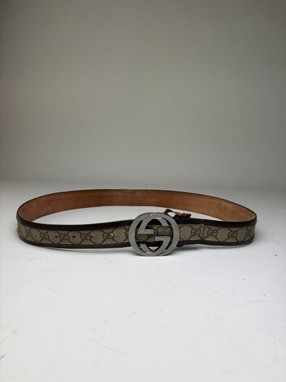 Vintage Gucci GG Supreme Canvas Belt Beige Brown Silver