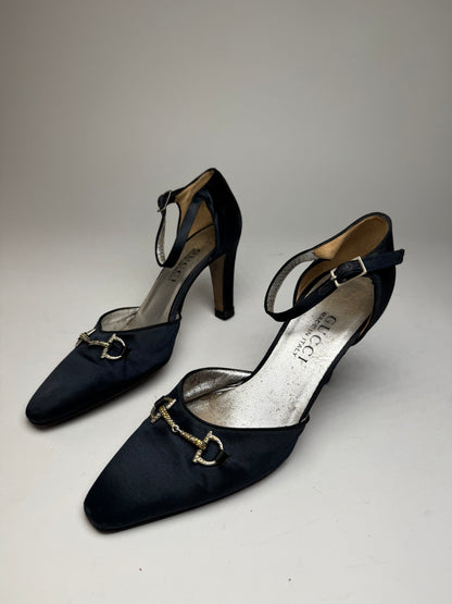 Vintage Gucci Horsebit Pumps Velvet Leather Navy Black