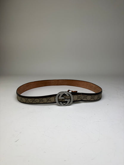 Vintage Gucci GG Supreme Canvas Belt Beige Brown Silver