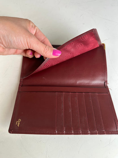 Vintage Cartier Leather Long Wallet Burgundy Gold