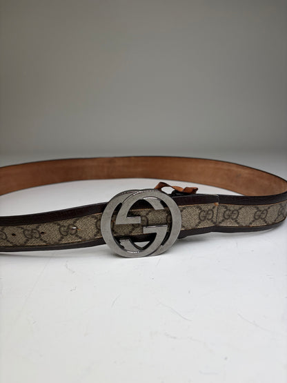Vintage Gucci GG Supreme Canvas Belt Beige Brown Silver