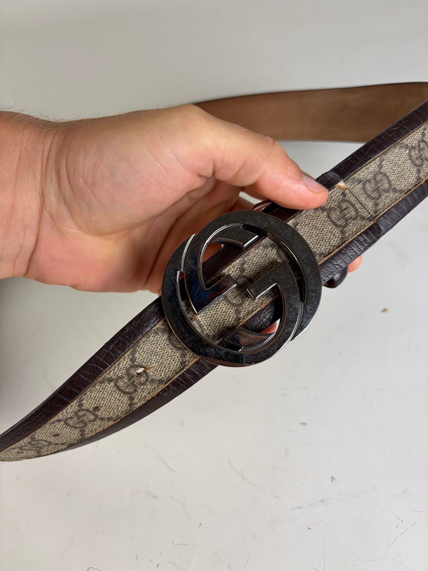 Vintage Gucci GG Supreme Canvas Belt Beige Brown Silver