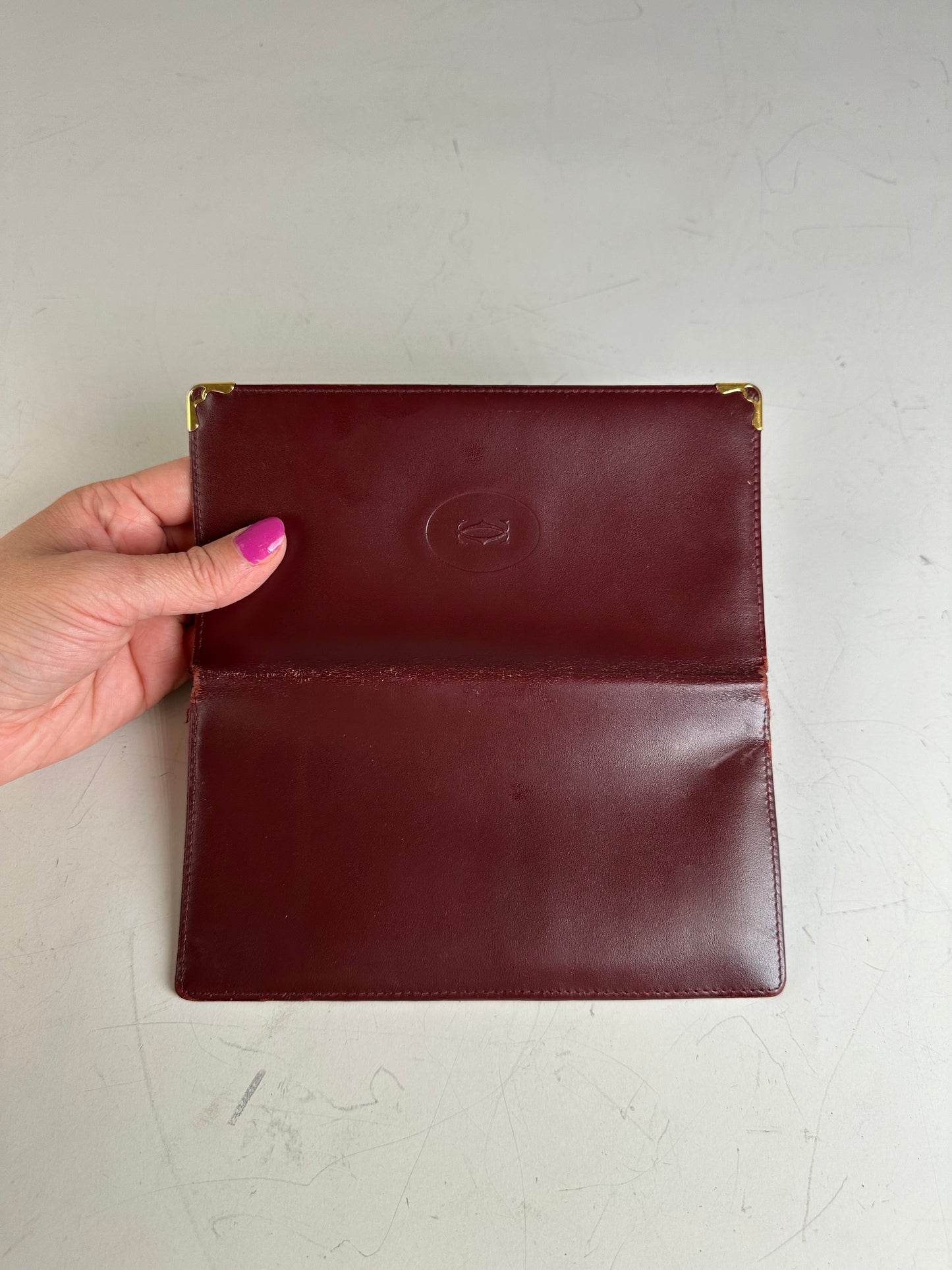 Vintage Cartier Leather Long Wallet Burgundy Gold