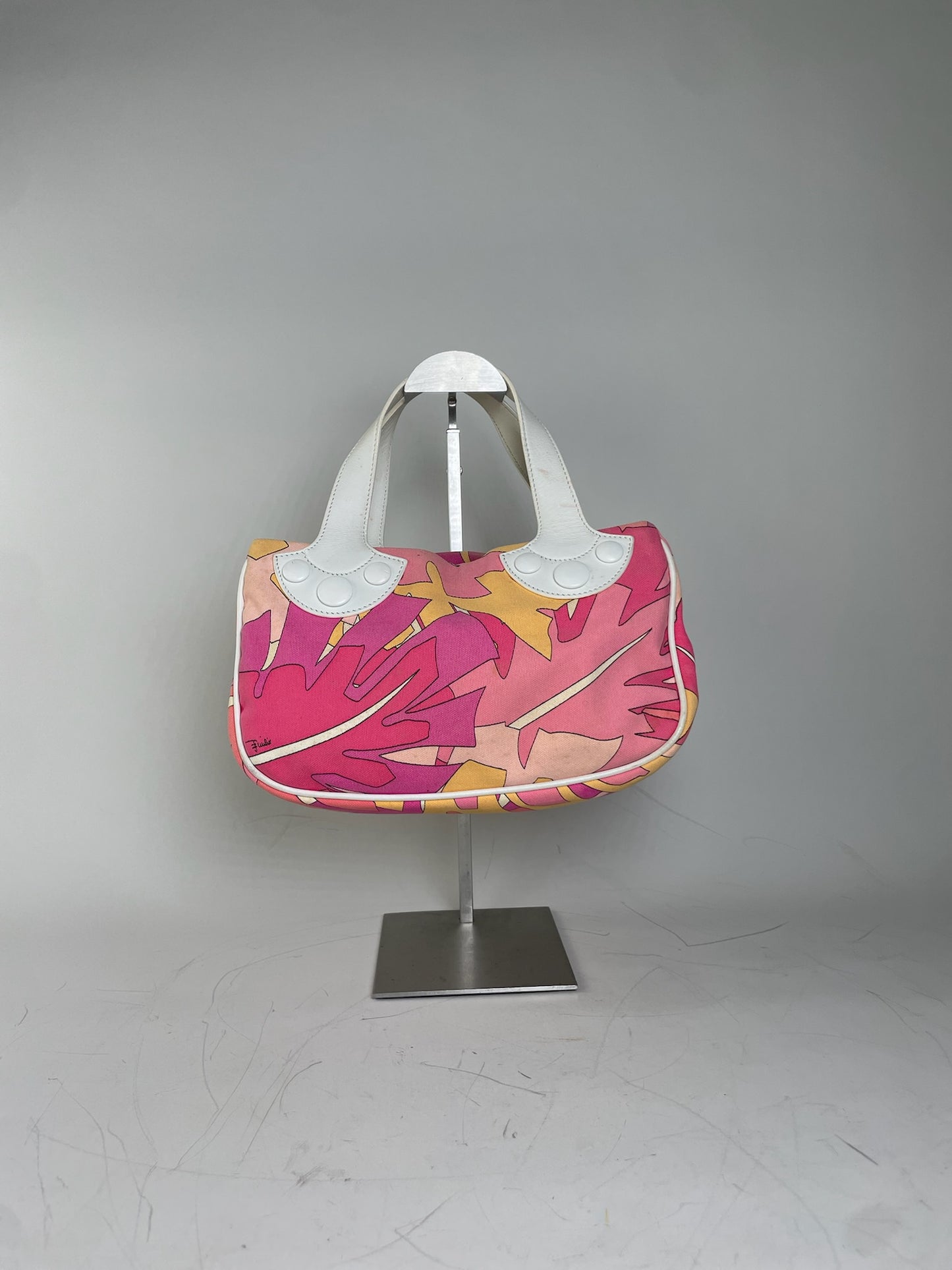 Vintage Emilio Pucci Canvas Tote Pink Orange Yellow Silver