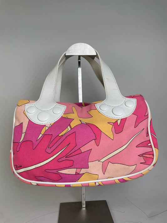 Vintage Emilio Pucci Canvas Tote Pink Orange Yellow Silver