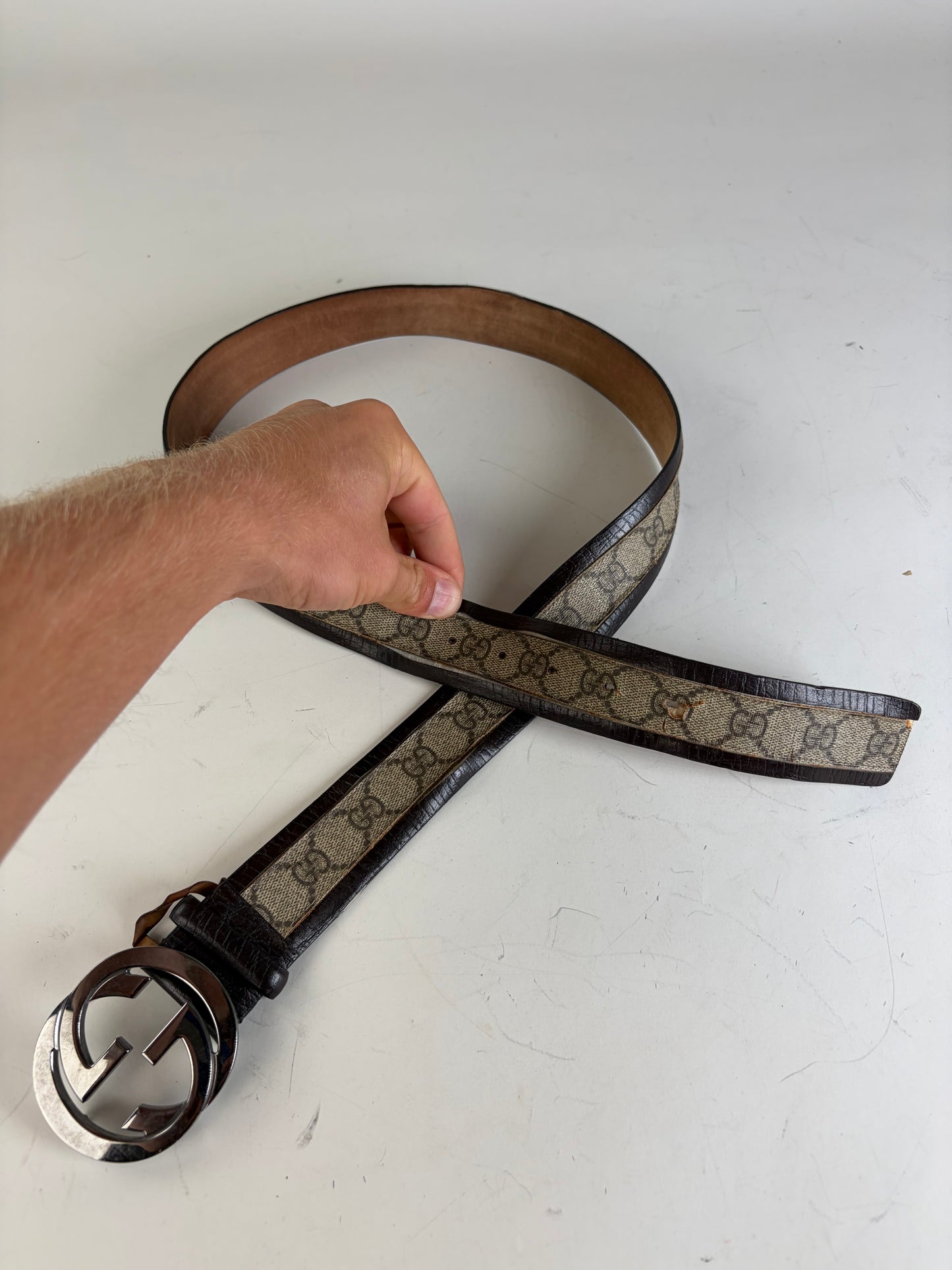 Vintage Gucci GG Supreme Canvas Belt Beige Brown Silver