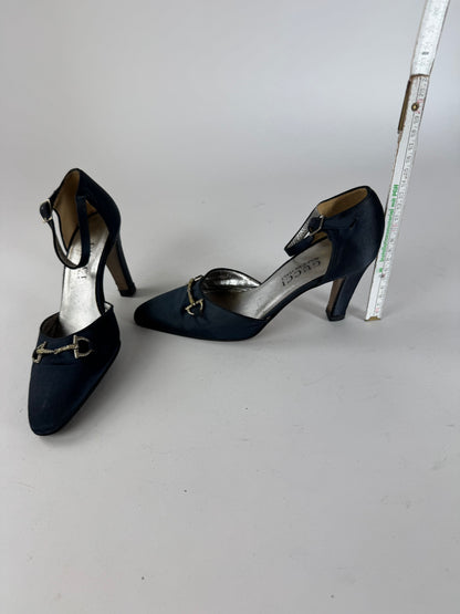 Vintage Gucci Horsebit Pumps Velvet Leather Navy Black