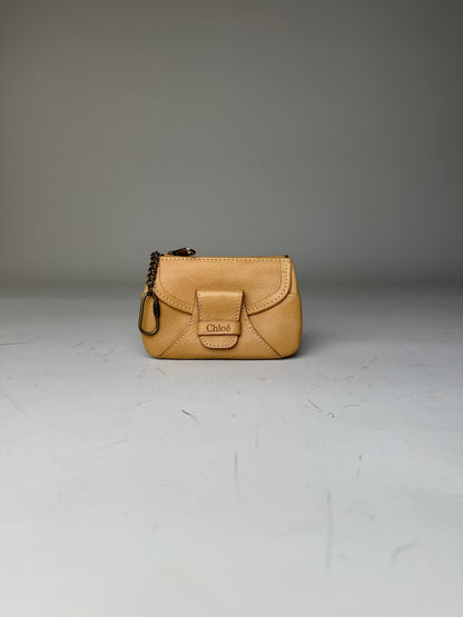 Vintage Chloé Leather Coin Purse Antique Gold Zip Beige