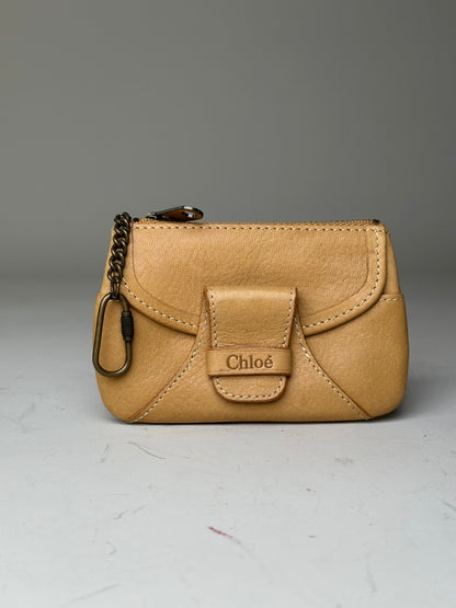 Vintage Chloé Leather Coin Purse Antique Gold Zip Beige