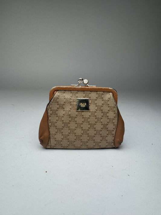 Vintage Celine Paris Triomphe Monogram Leather card Holder / Purse beige brown