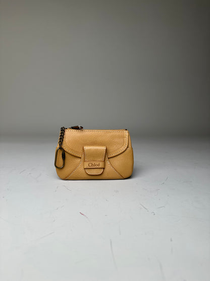 Vintage Chloé Leather Coin Purse Antique Gold Zip Beige