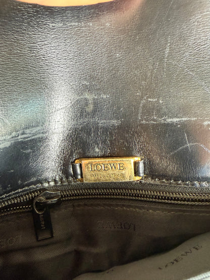 Vintage Loewe Structured Leather Shoulder Bag Black Gold