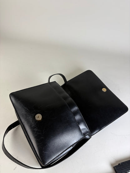 Vintage Loewe Structured Leather Shoulder Bag Black Gold