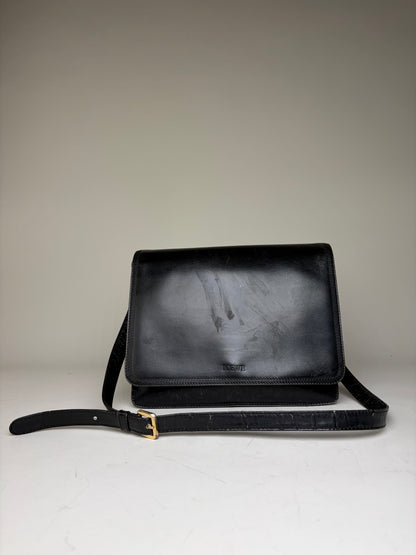 Vintage Loewe Structured Leather Shoulder Bag Black Gold