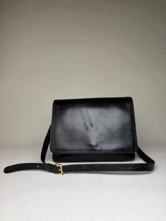 Vintage Loewe Structured Leather Shoulder Bag Black Gold