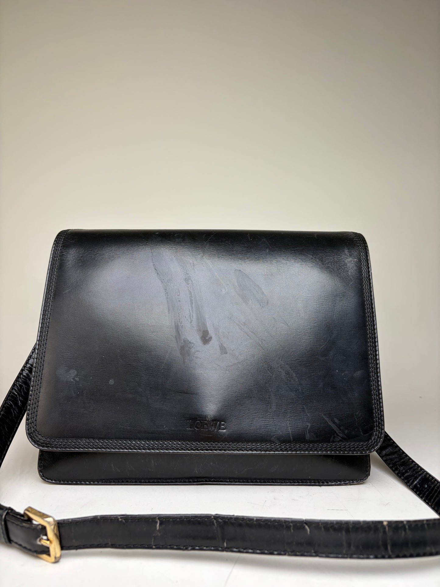 Vintage Loewe Structured Leather Shoulder Bag Black Gold