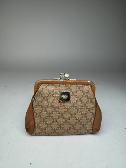 Vintage Celine Paris Triomphe Monogram Leather card Holder / Purse beige brown