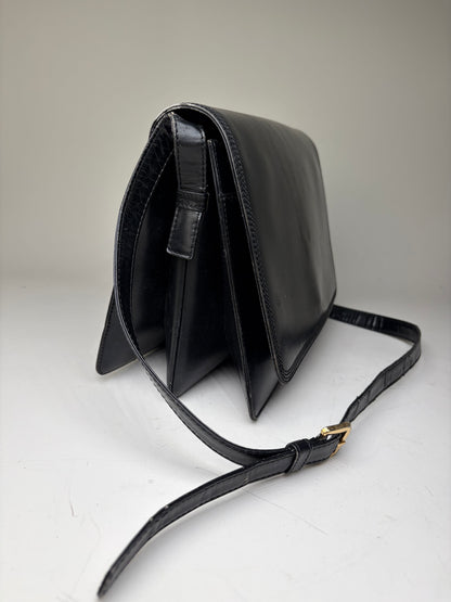 Vintage Loewe Structured Leather Shoulder Bag Black Gold