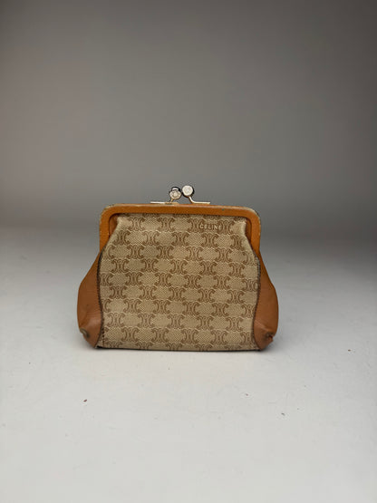 Vintage Celine Paris Triomphe Monogram Leather card Holder / Purse beige brown