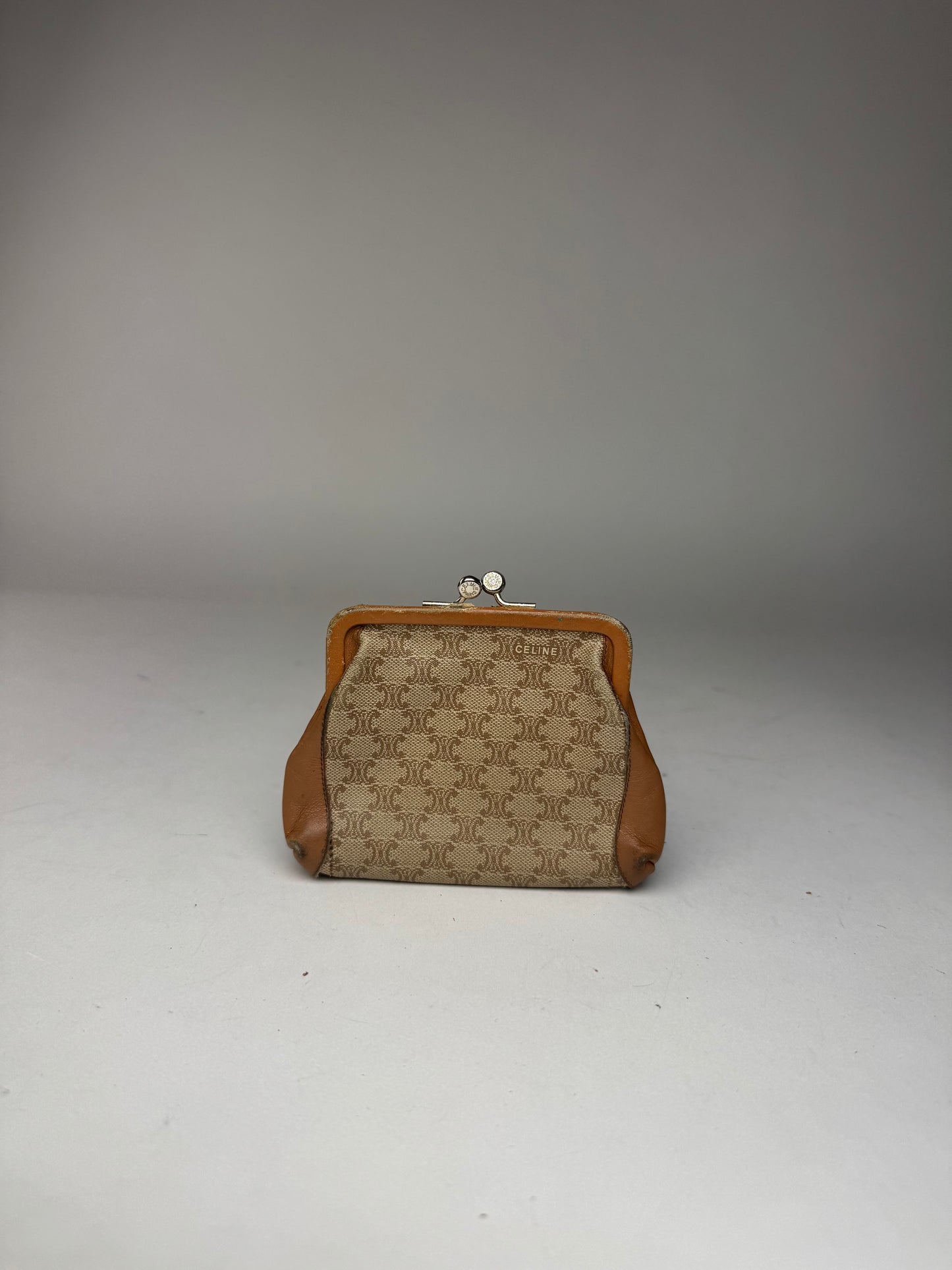 Vintage Celine Paris Triomphe Monogram Leather card Holder / Purse beige brown
