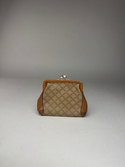 Vintage Celine Paris Triomphe Monogram Leather card Holder / Purse beige brown
