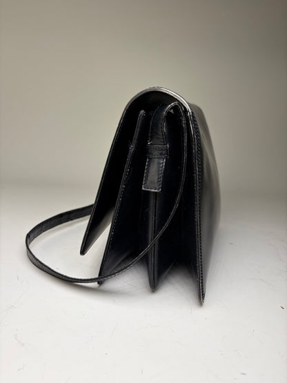 Vintage Loewe Structured Leather Shoulder Bag Black Gold