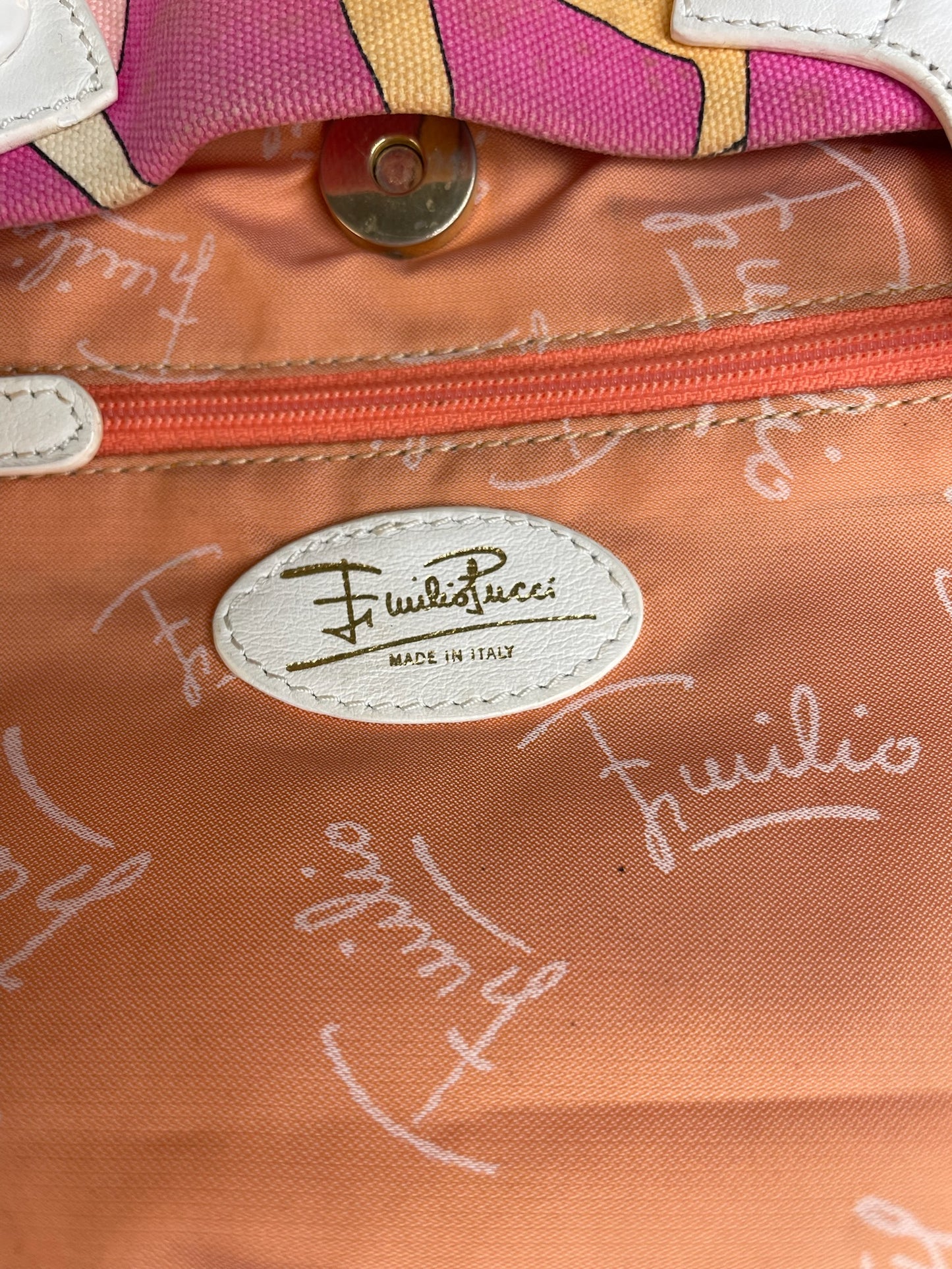 Vintage Emilio Pucci Canvas Tote Pink Orange Yellow Silver