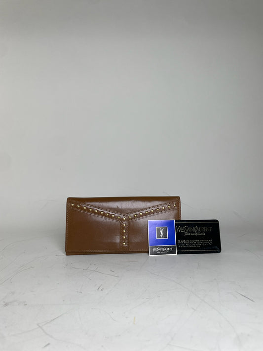 Vintage Saint Laurent Studded Leather Wallet Brown Gold