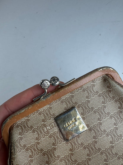 Vintage Celine Paris Triomphe Monogram Leather card Holder / Purse beige brown