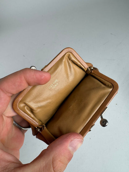 Vintage Celine Paris Triomphe Monogram Leather card Holder / Purse beige brown