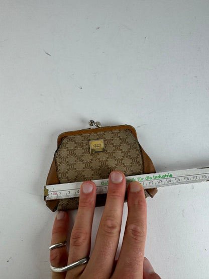 Vintage Celine Paris Triomphe Monogram Leather card Holder / Purse beige brown