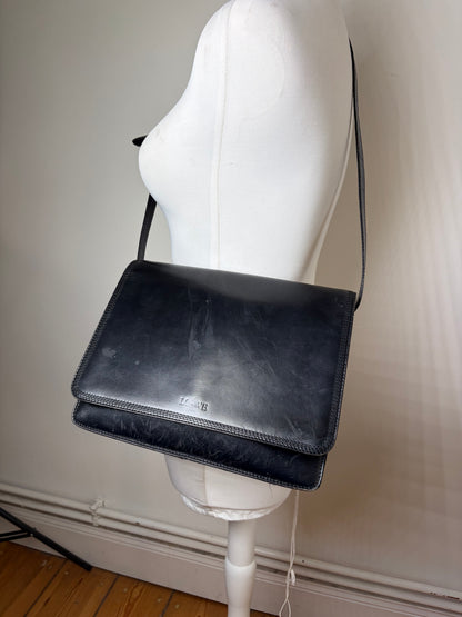 Vintage Loewe Structured Leather Shoulder Bag Black Gold