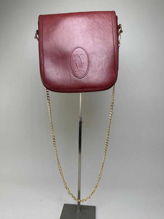 Vintage Cartier Leather Chain Shoulder Bag Burgundy Gold