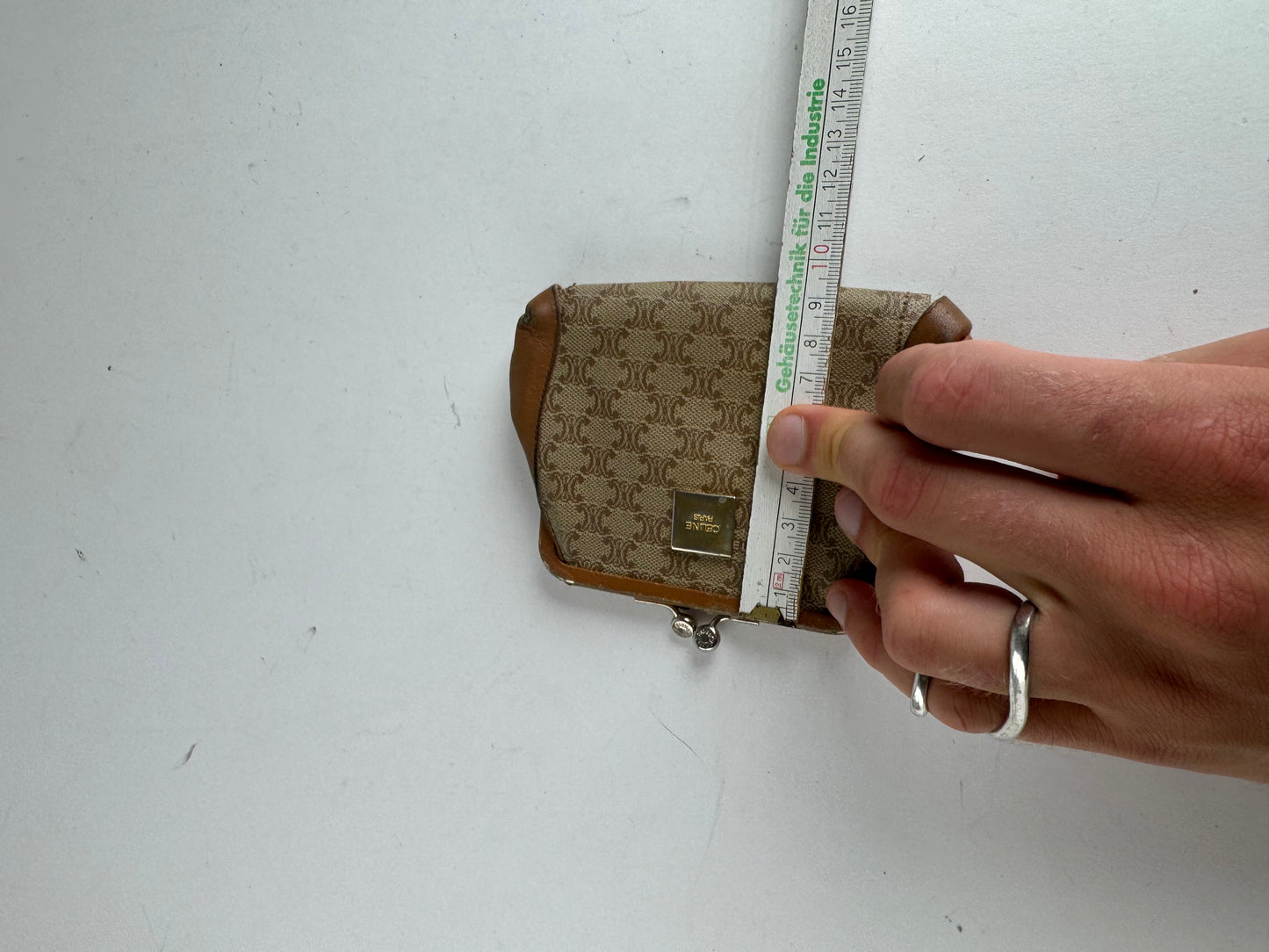 Vintage Celine Paris Triomphe Monogram Leather card Holder / Purse beige brown