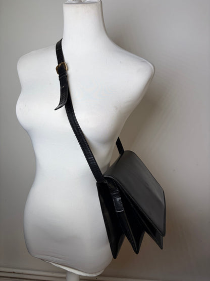 Vintage Loewe Structured Leather Shoulder Bag Black Gold