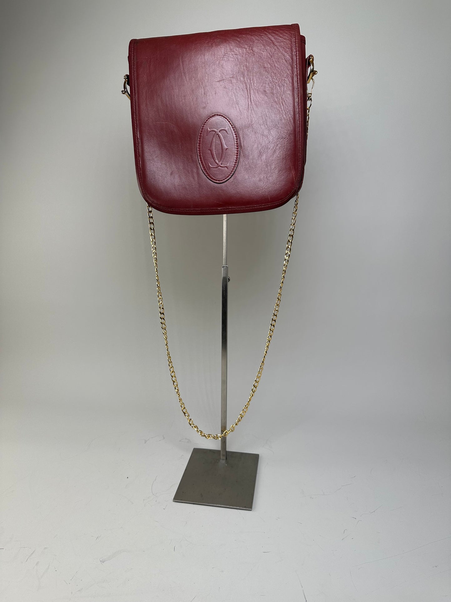 Vintage Cartier Leather Chain Shoulder Bag Burgundy Gold