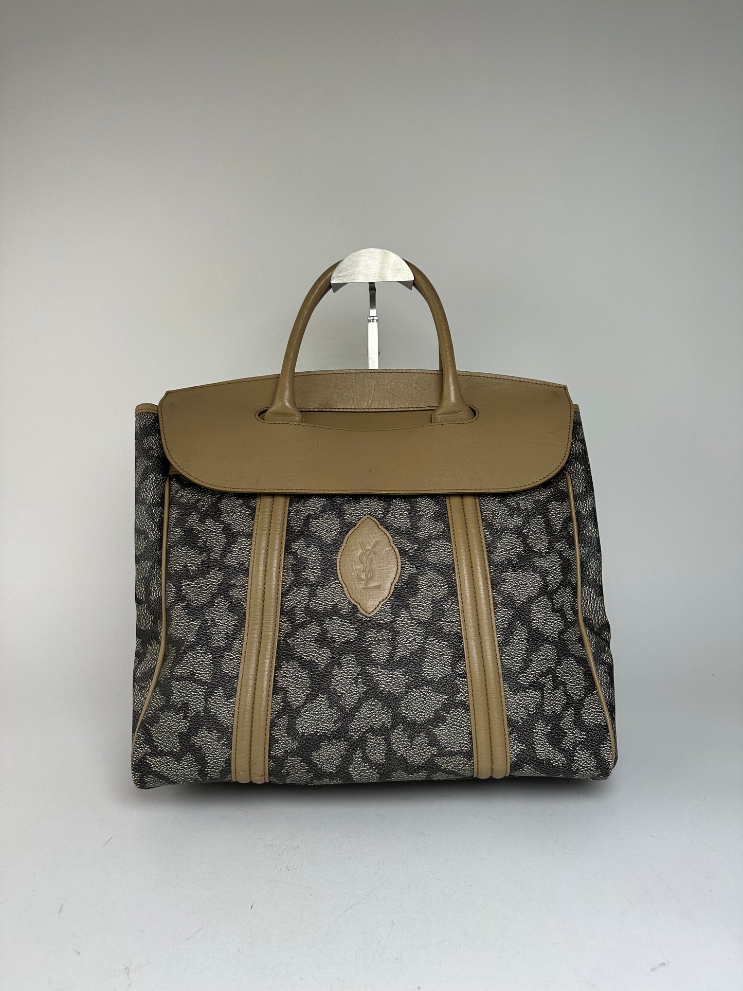 Vintage Yves Saint Laurent Leopard Coated Canvas Top-Handle Tote Black Camel